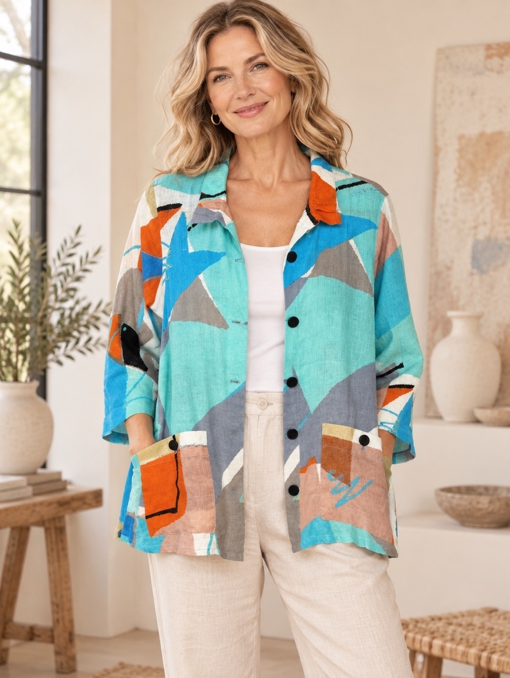 ali miles Button-Up Shirt Multi Color Linen Small
